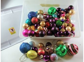 Plastic Tote With Lid Filled With Beautiful Ball Ornaments
