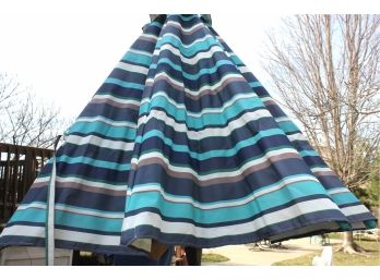 Patio Table Umbrella -striped Blue-folds Out Nice - Solar Light Needs Work