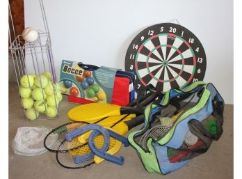 Misc Yard Games, Dart Board (no Darts), Badmitton, Plastic Horse Shoes, Bocce Ball And Basket Of Tennis Balls