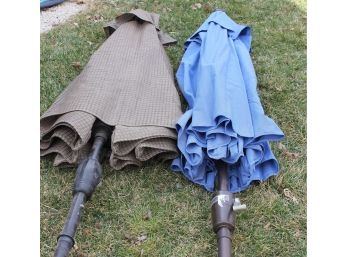2 Patio Table Umbrellas Brown Does Not Fold Out - Solid Blue Folds Out Just Needs Clip