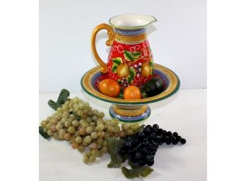 Pottery Bowl And Pitcher With Plastic Fruit