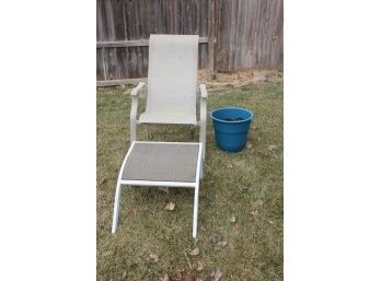 Metal Outdoor Chair With Footrest And Blue Plastic Flower Pot