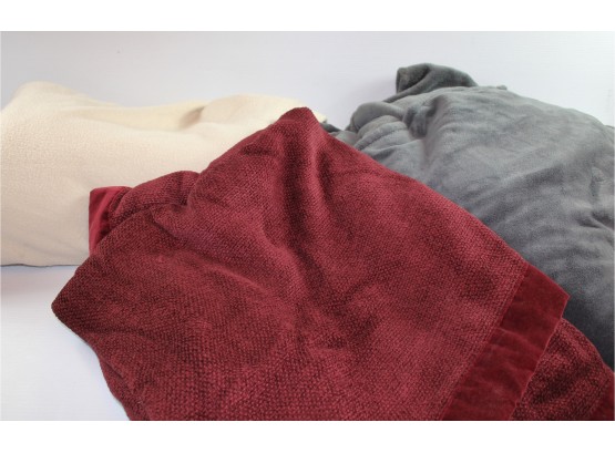 Three Blankets, Gray Velour 90 X 90, Burgundy And Ivory Probably Queen