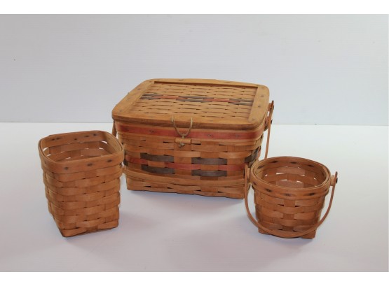 3 Longaberger Baskets-12 Inch Square With Lid Has Hinge That Has Been Altered, 6 Inch Round With Handle,
