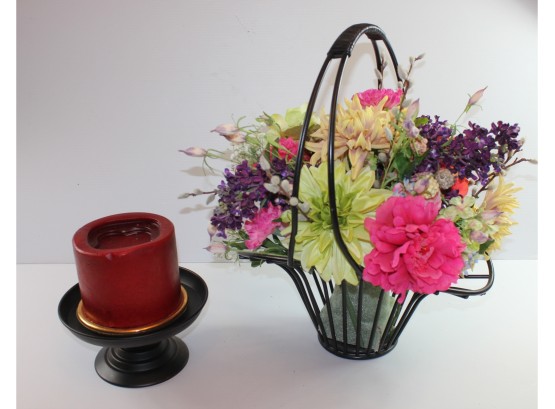 Heavy Metal Basket 20' Tall With Silk Arrangement And 4 Wick Candle On Metal Base