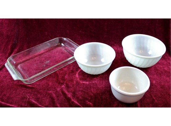 Two White Fire King Serving Bowls And Clear Glass Fire King Casserole, Small  Serving Bowl