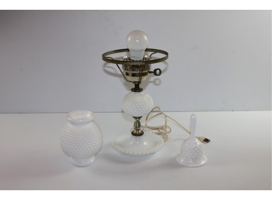 Three Pieces Hobnail Milk Glass Lamp 23.5 Tall - 6 In Bell, 6 In Tall Vase