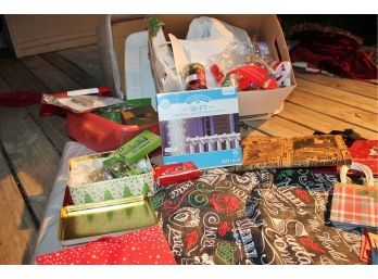 Tote With Christmas Miscellaneous Wrapping And Tote With Bulbs And Box Of Rope Lights