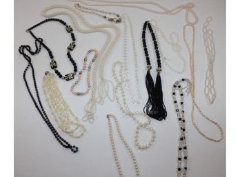 Elegant Black And White Beaded Necklaces And One Scarf Type Beaded Strand