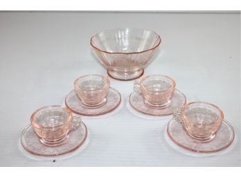 Pink Depression Glass-bowl And 4 Mini Cups And Saucers