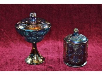 Indiana Glass Blue/ Purple Carnival Harvest Grape Pattern Pedestal Candy Dish With Lid