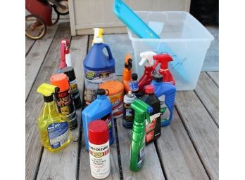 Tote Of Miscellaneous  Garage Supplies-partial Containers