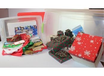 Two Totes With Lids Plus Some Decorative Empty Boxes, A Little Ribbon And Christmas Miscellaneous