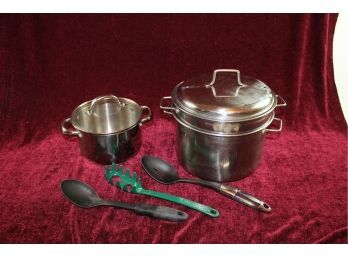 Large Steamer And 3 Quart Kitchen Pan With Lid And Three Utensils