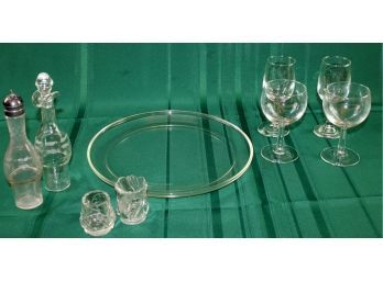 Glass Lot 1-12 Inch Plate By Pyrex, 4 Wine Glasses, 2 Toothpick Holders-one Has Chip-see Description