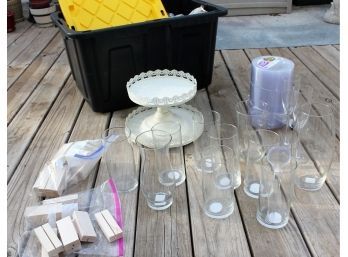 Wedding Lot-assorted Glassware, Bride And Groom Glasses, Plastic Plates, Card Blocks, Serving Trays