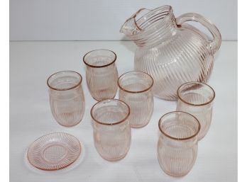 6 Depression Glass Light Pink 3.25 In Tall And 1 Saucer And Cute 6 In Tall Pitcher