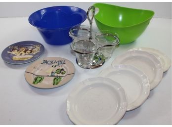 2 Oneida Plates-jack-and-jill-and 4 Friends, Two Plastic Bowls, Condiment Carousel