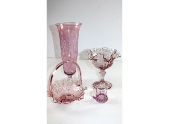 Cranberry Glass-2 Crimped Baskets One With Handle And One On Pedestal, Tall Vase And Miniature Mug
