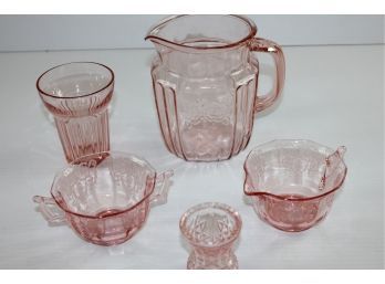 Depression Pink Glass-small Pitcher, Sugar And Creamer, Toothpick, Glass