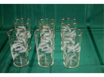 6 Vintage Etched Wheat Pattern Glasses With Gold Rim