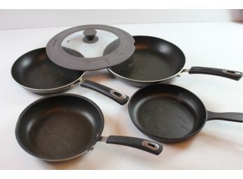 4 Fry Pans-Oneida, Utopia-two Largest-tramontina Lid And Food Network 8 Inch Cast Iron