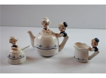 Vintage Dutch Enesco Teapot, Sugar And Creamer-doll On Large Sugar Container Is Broke But All Pieces There