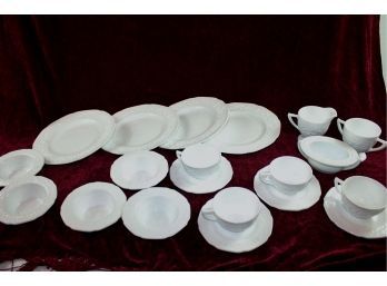 Milk Glass # 1-four Plates, Five Small Bowls, 4 Cups And Saucers, Cream And Sugar And Miscellaneous Dish