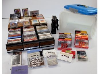 Cassette Lot-includes Many New Unused In Wrapper Audio Cassettes, Case, Plastic File Box With Crack
