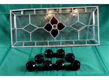 Large Stained-glass Floral Design 28.5 X 13 With Eight Amethyst Street Candle Holders