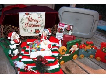 Tote With Lid And 4 Long Stockings, Ceramic Santa In Bed Box, Wooden Train, Wax Warmer,