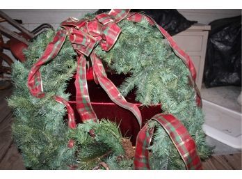 26 In Wreath With Hanger And Miscellaneous Greenery, Wooden Sled And Nice Table Runner 70 Inch