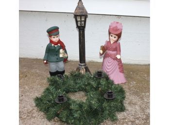 Wreath For Candles Lamp With Two Ceramic Carolers-  Boy, Missing Something That Was In Hand