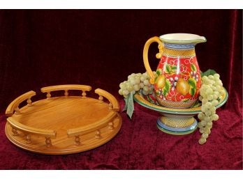 Nice 15in Wood Lazy Susan And Decorative Ceramic Pitcher And Bowl