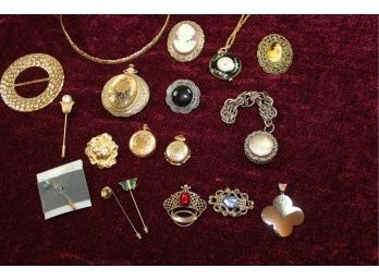 Miscellaneous Jewelry Items, Locket That Is A Powder Compact, Brooches, Scarf Rings, Stick Pins Etc