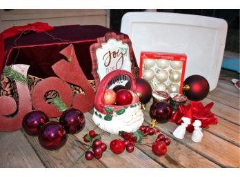 Tote With Lid And 2 'Joy' Signs, Ceramic Santa Basket With Ornaments, Plaid Ribbon, Burgundy Balls
