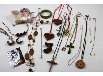 Wood And Neutral Colored Necklaces And A Few Earrings, Hearts And Crosses