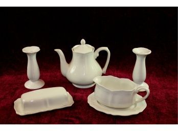 Vintage Federalist Pieces-two Candlesticks-one Base Is Glued-pitcher, Butter Dish And Gravy Boat