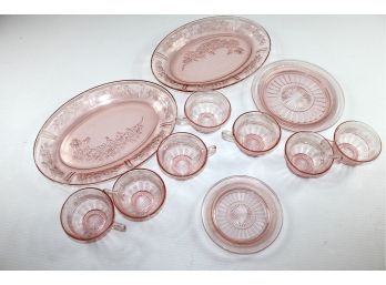 Pink Depression Glass-2 Platters, 7 Cups, 2 Plates