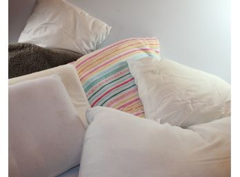 5 Bed Pillows-1 Extra Long, 2 Neck Support Pillows 6.5 X 5' 4' Heavy Gray Throw, 7.5 X 7.5 Striped Soft Bedsp