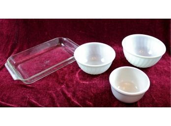 Two White Fire King Serving Bowls And Clear Glass Fire King Casserole, Small  Serving Bowl