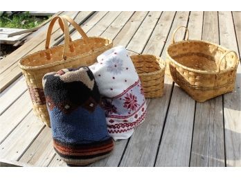 3 Woven Baskets With Two Throws-large Basket 19 X 12-17 X 8-9 X 7