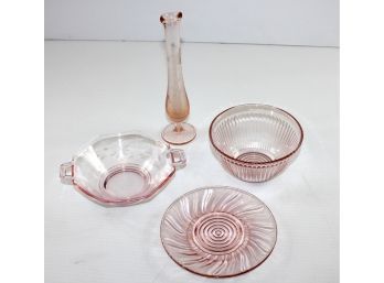 Depression Pink Glass - Vase & Bowl With Handles Possibly Princess House, Small Bowl And Saucer