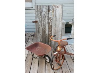 Great Projects-old Tricycle And Child's Wheelbarrow, Old Wood Piece That Was Possibly A Shutter 27x44.5