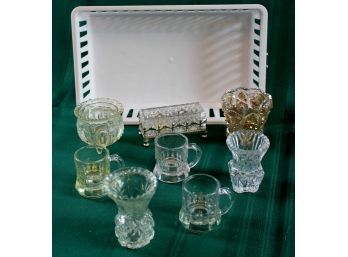 Glass Lot - 7 Small Holders Toothpicks Etc And One Possible Vanity Jewelry Holder