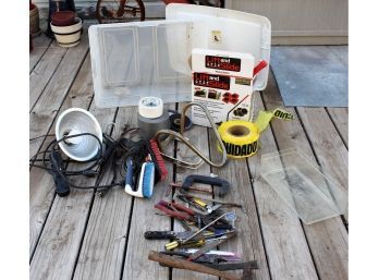 Tote Of Miscellaneous Tools, Tape, Solder Iron, Furniture Sliders, Work Light, Brushes