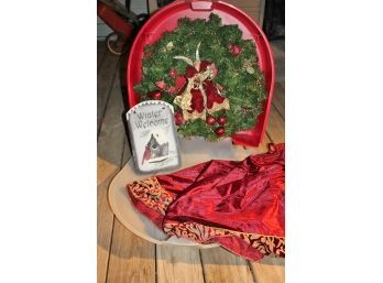 Wreath And Nice Wreath Case, Burgundy And Gold Tree Skirt And Sign