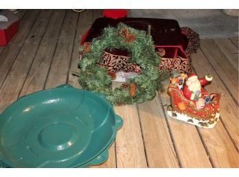 18in Wreath In Plastic Tote With Pretty Ceramic Sleigh Cookie Jar