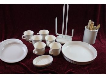 White Kitchen Lot-CorningWare Pie Plate, Paper Towel Holder, 6 Coffee Cups, Small Utensil Holder, Soapdish