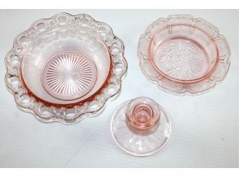Pink Depression Glass-candlestick, Two Bowls
